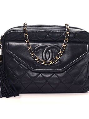 CHANEL Vintage 1990 Lambskin Quilted Tassel Camera Bag Navy